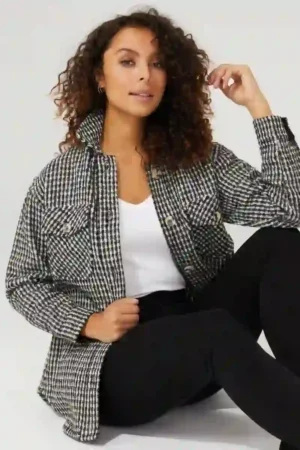 Mini Check Print Button Front Shacket With Pockets